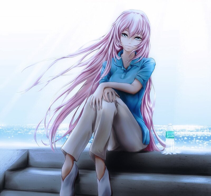 pink-haired girl sitting by the sea