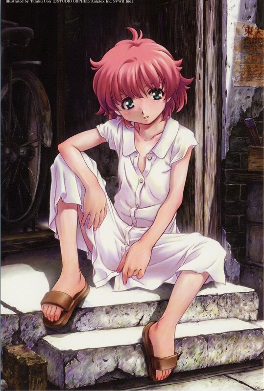 pink-haired girl sitting on steps