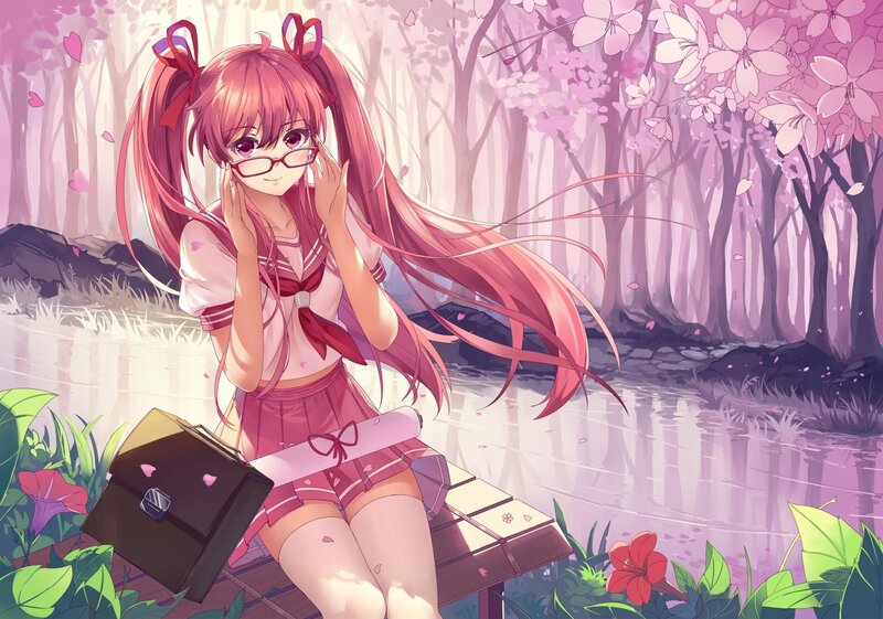 Pink-haired Girl Sitting — Pink, Serene, Spring, Anime