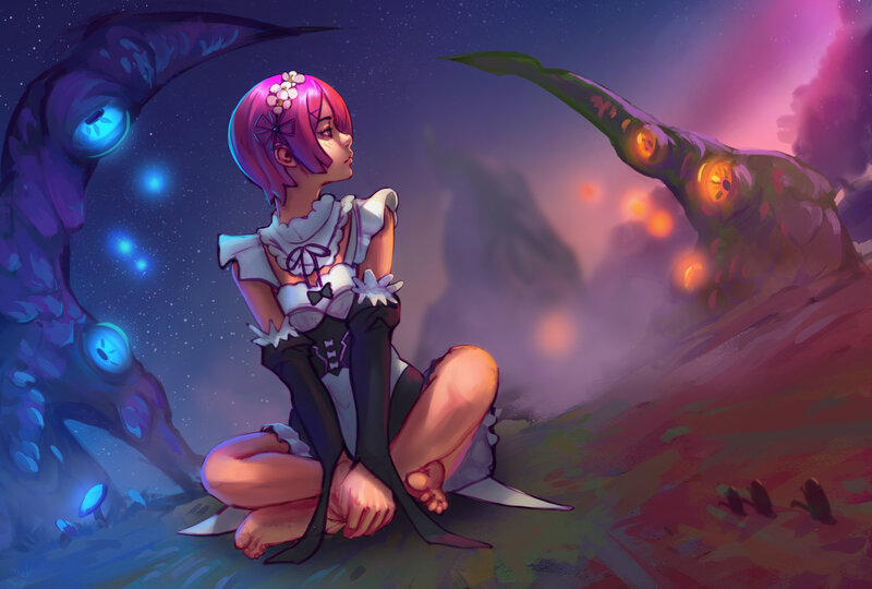 Pink-haired Girl Sitting — Purple, Dramatic, Night