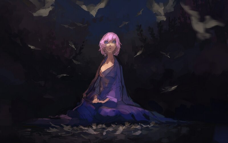 Pink-haired Girl Sitting — Purple, Dramatic