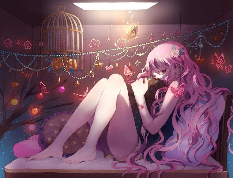 Pink-haired Girl Sitting — Purple, Dreamy