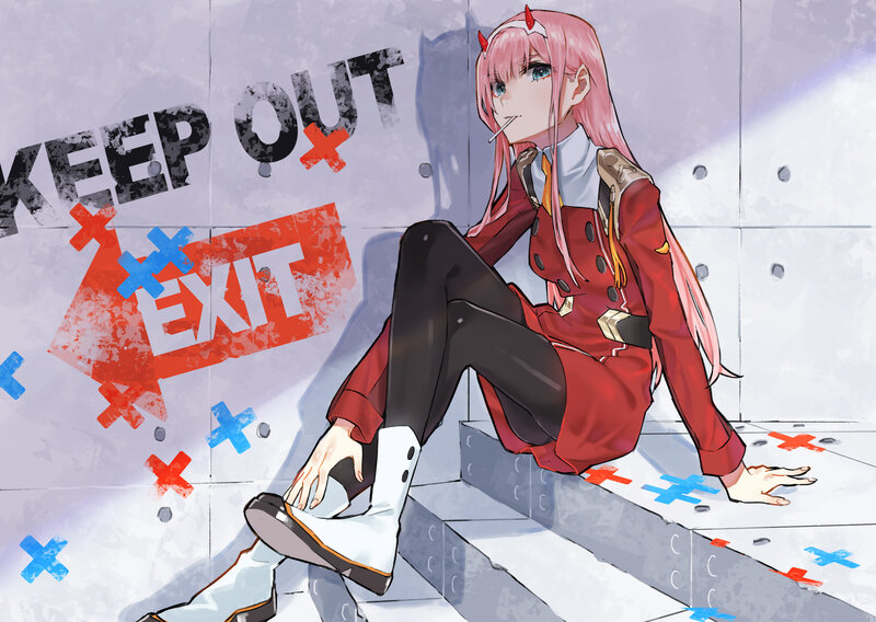 Pink-haired Girl Sitting — Red