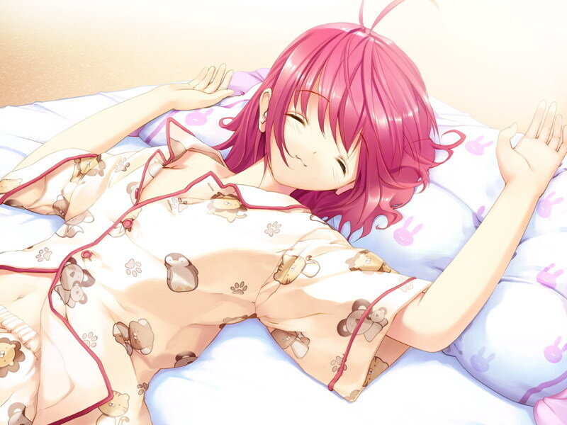 pink-haired girl sleeping in bed