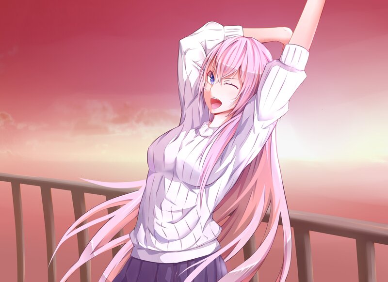 pink-haired girl stretching