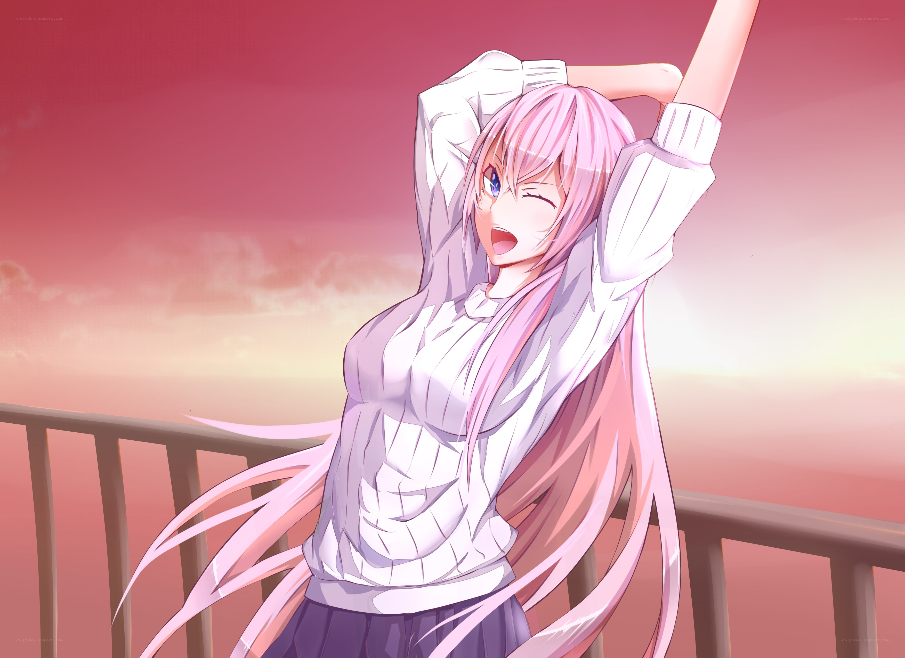 pink-haired girl stretching