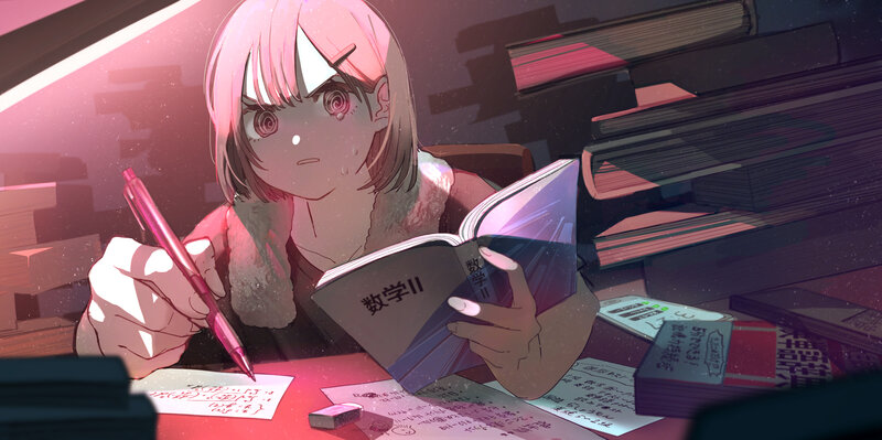 Pink-haired Girl Studying — Pink