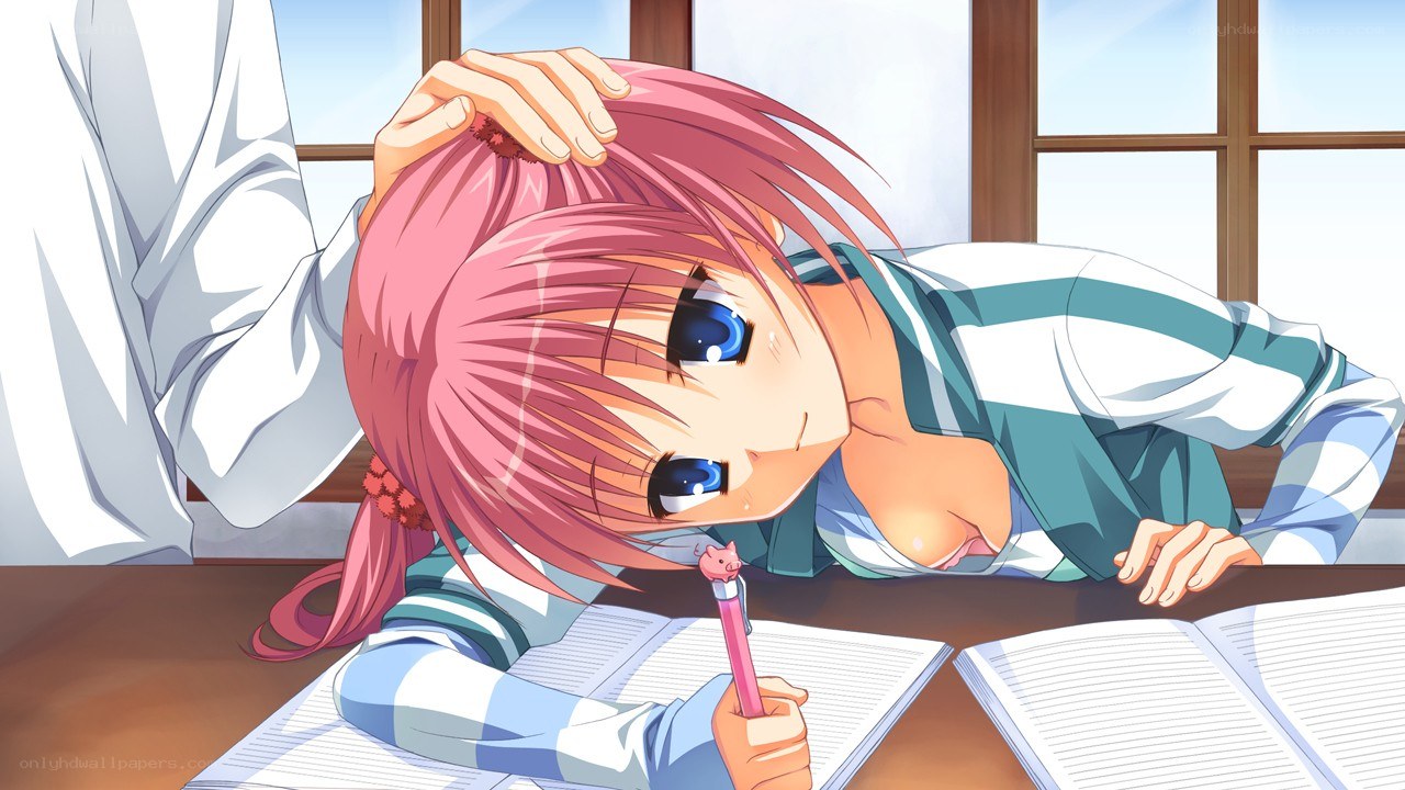 pink-haired girl studying