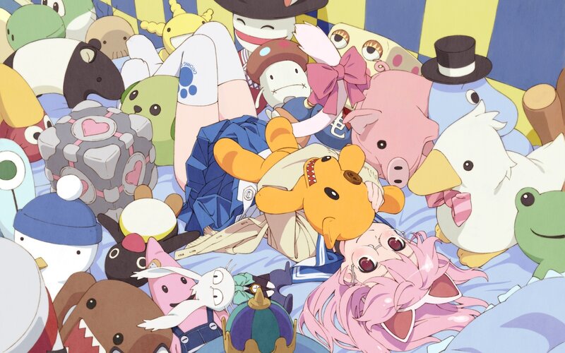 Pink-haired Girl Surrounded by Toys