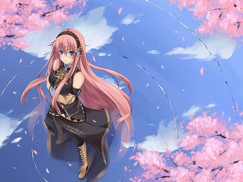 Pink-haired girl under cherry blossoms
