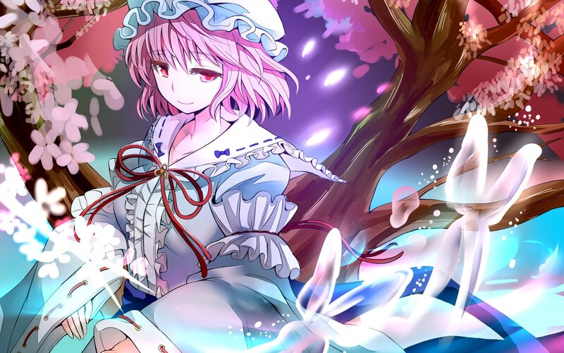 Pink-haired girl under cherry blossoms