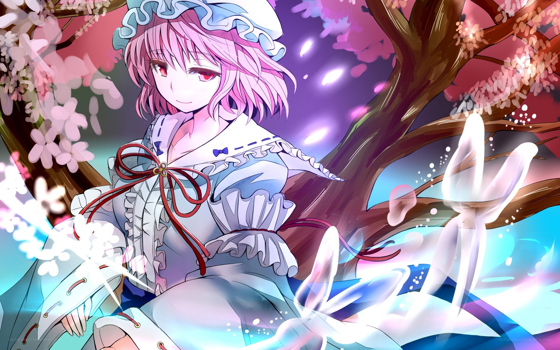 Pink-haired girl under cherry blossoms