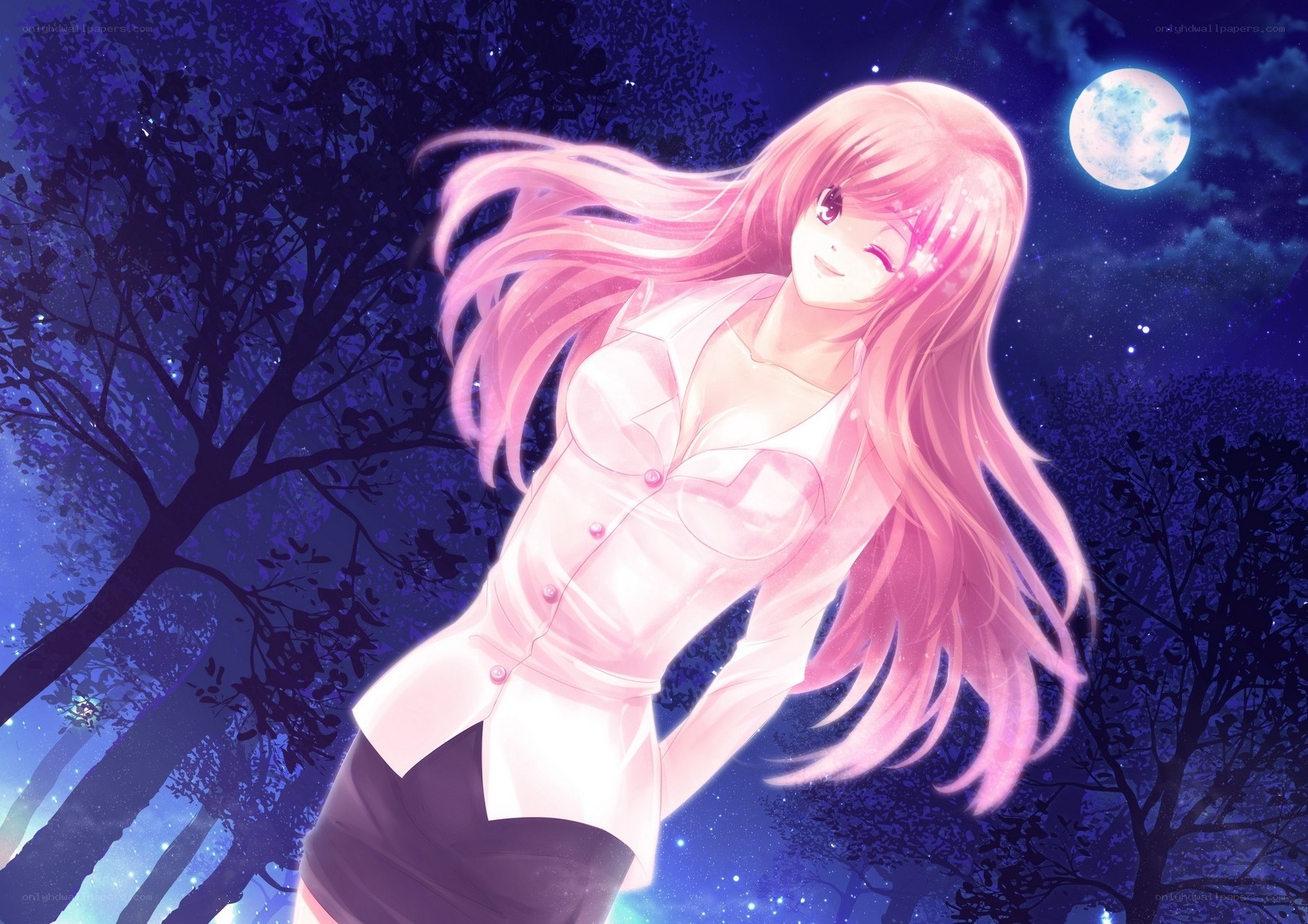 pink-haired girl under moonlight