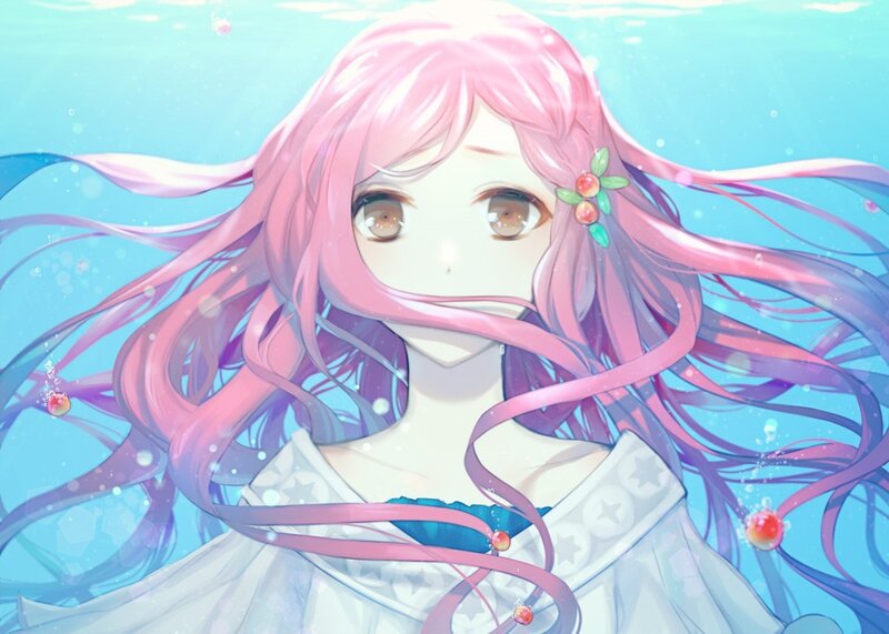 Pink-haired Girl Underwater — Blue, Serene, Anime, Long Hair