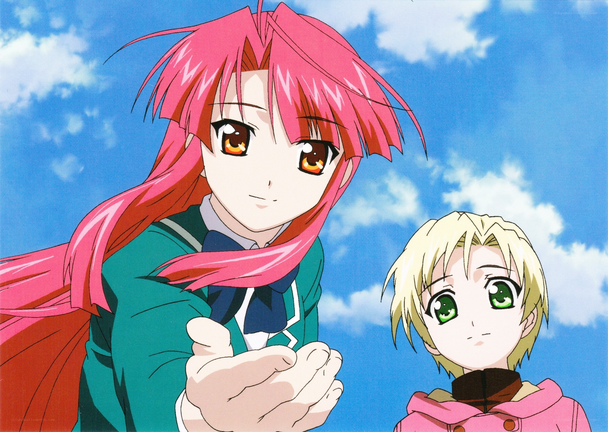 pink-haired girl with a friend