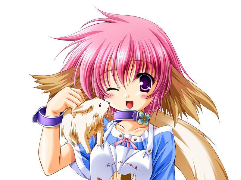 pink-haired girl with a small animal