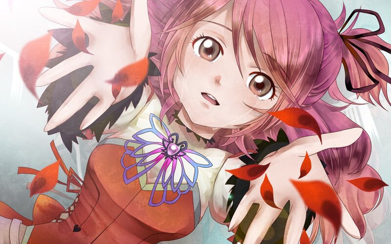 pink-haired girl with autumn leaves