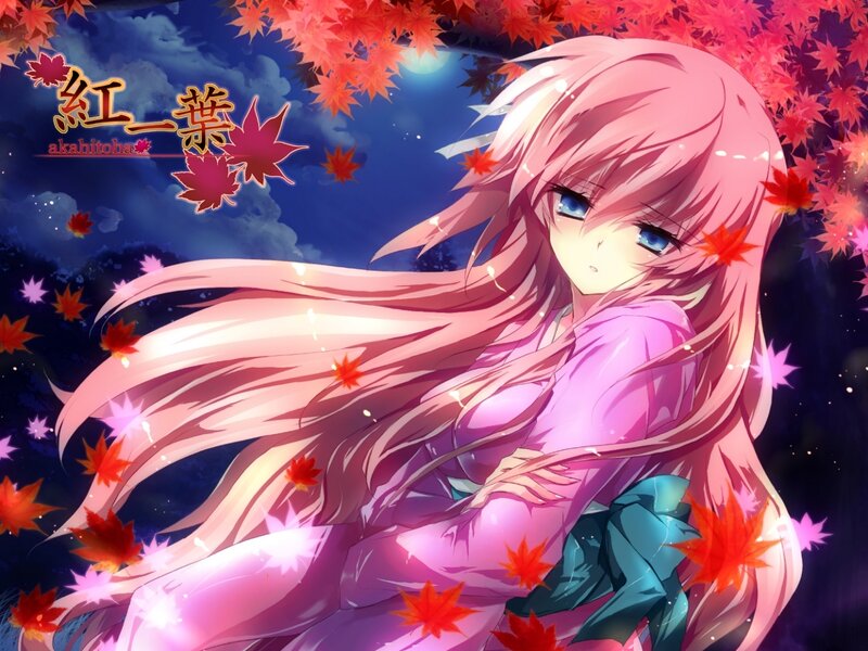 Pink-haired girl with autumn leaves