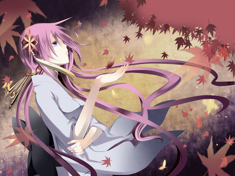 pink-haired girl with autumn leaves
