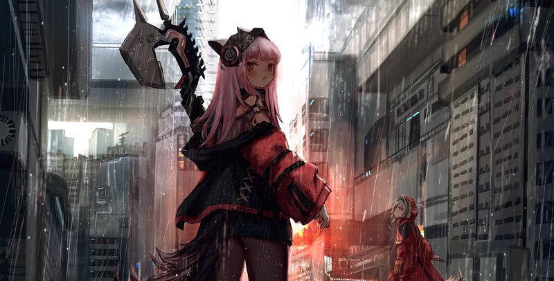 Pink-haired Girl with Axe — Red, Dramatic