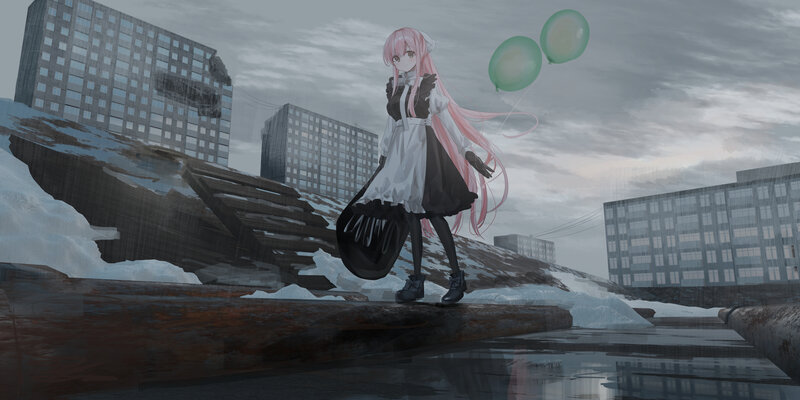 Pink-haired Girl with Balloons — Gray