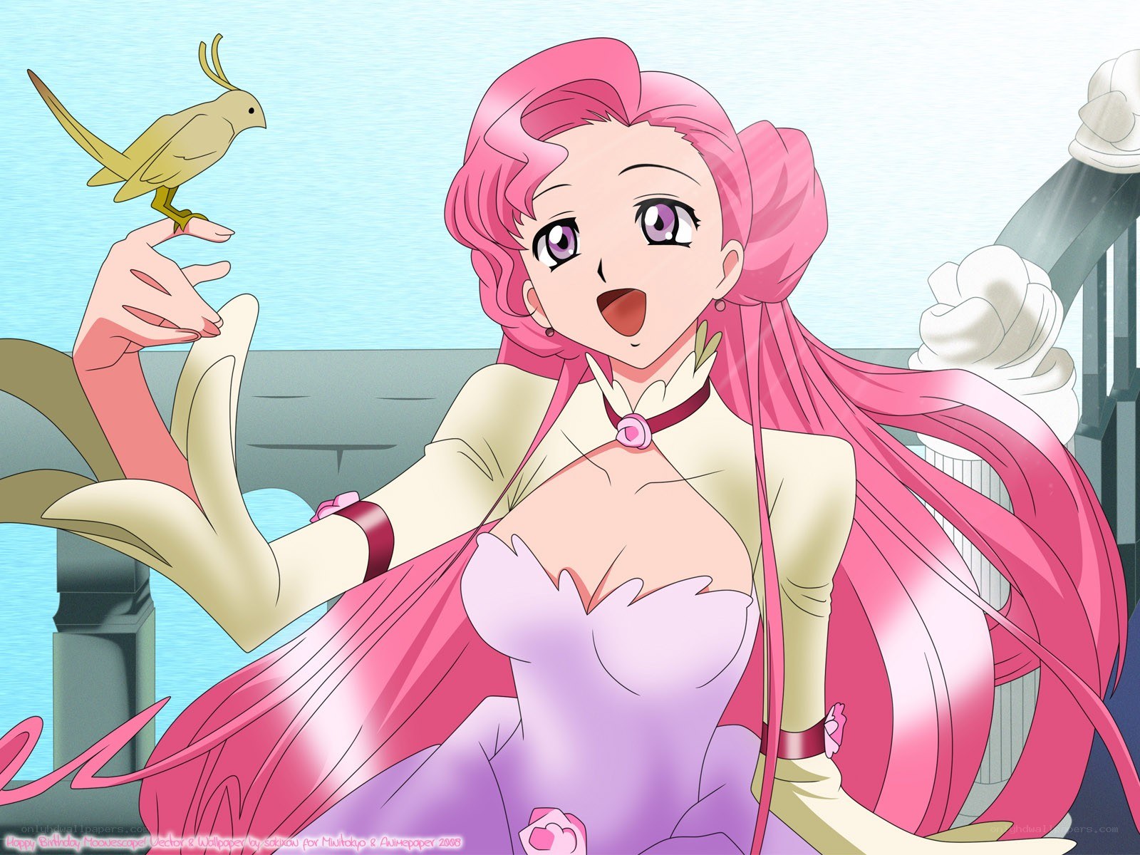 Pink-haired girl with bird