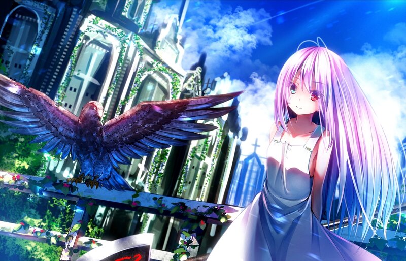 Pink-haired Girl with Bird — Blue, Serene