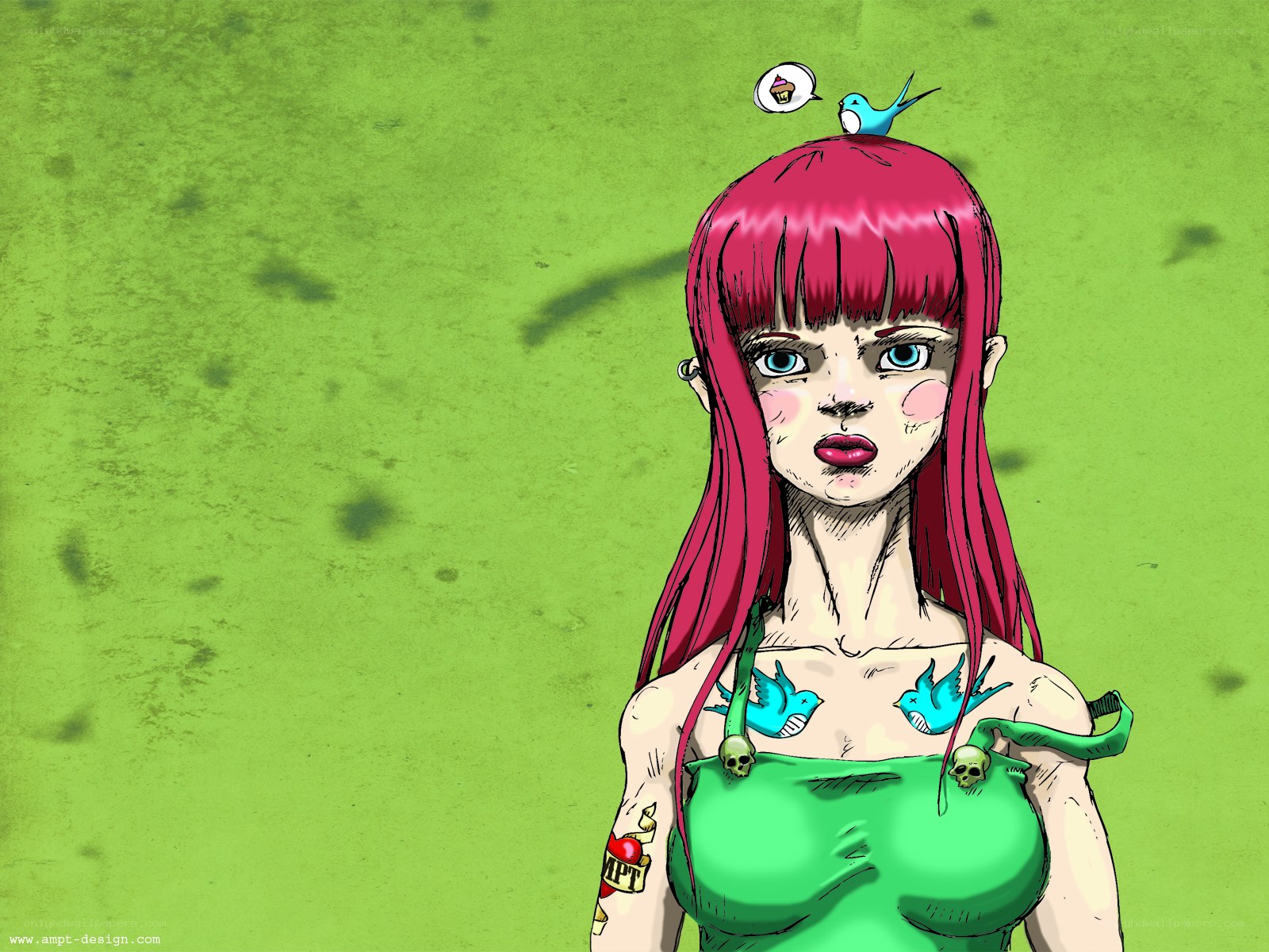 pink-haired girl with bird