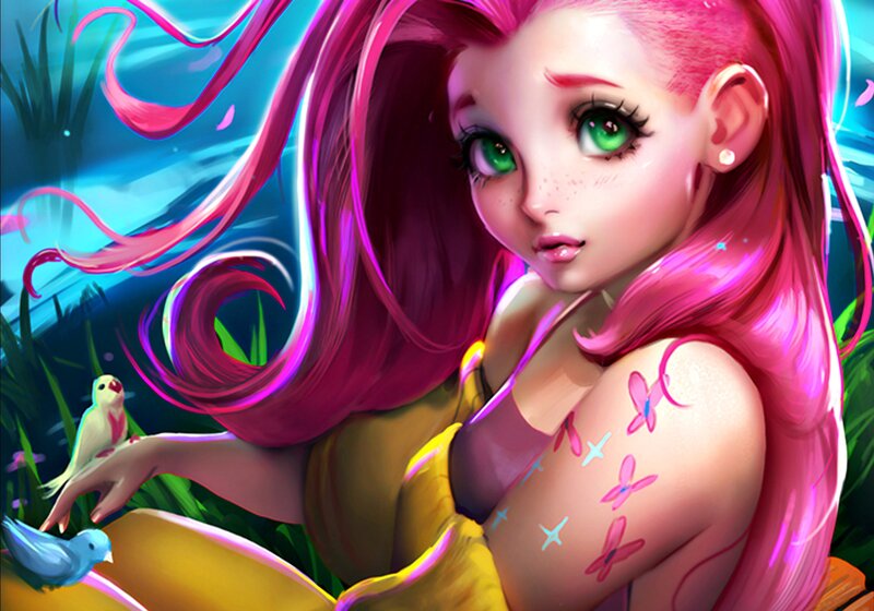 Pink-haired Girl with Birds — Pink, Serene