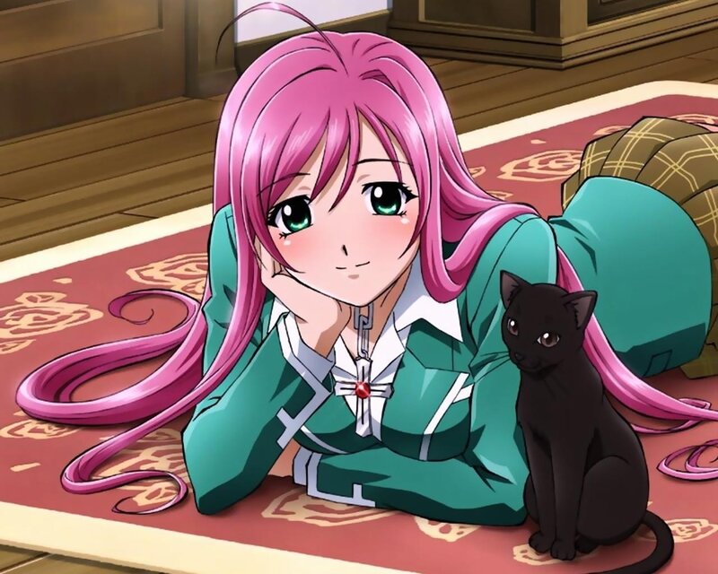 pink-haired girl with black cat