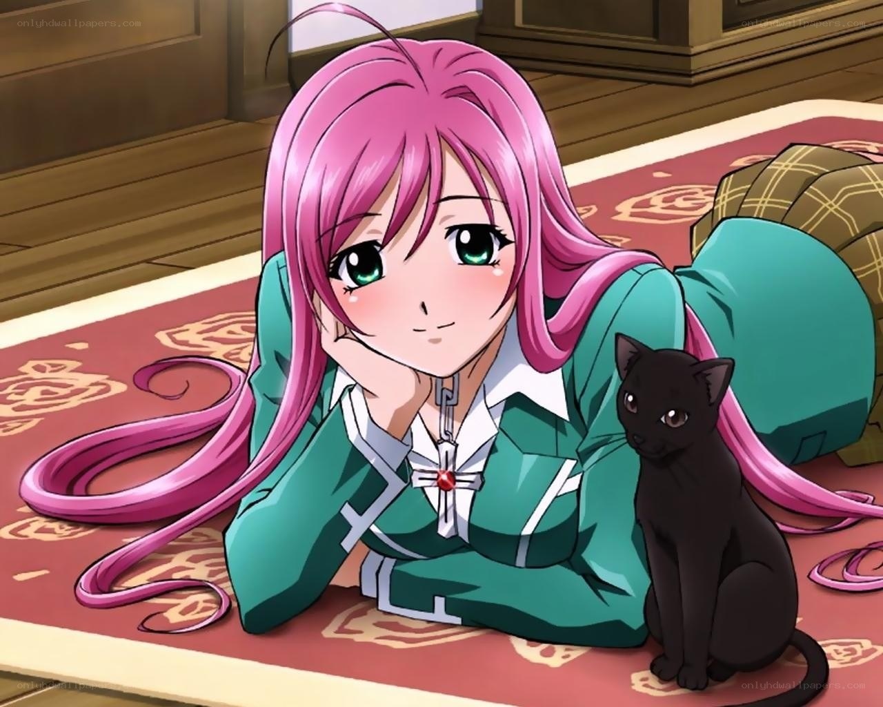 pink-haired girl with black cat
