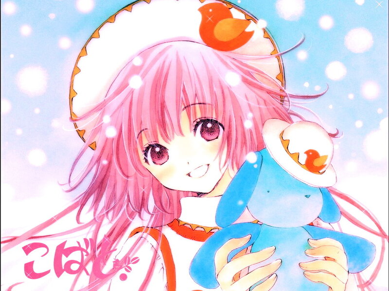 Pink-haired girl with blue plush toy