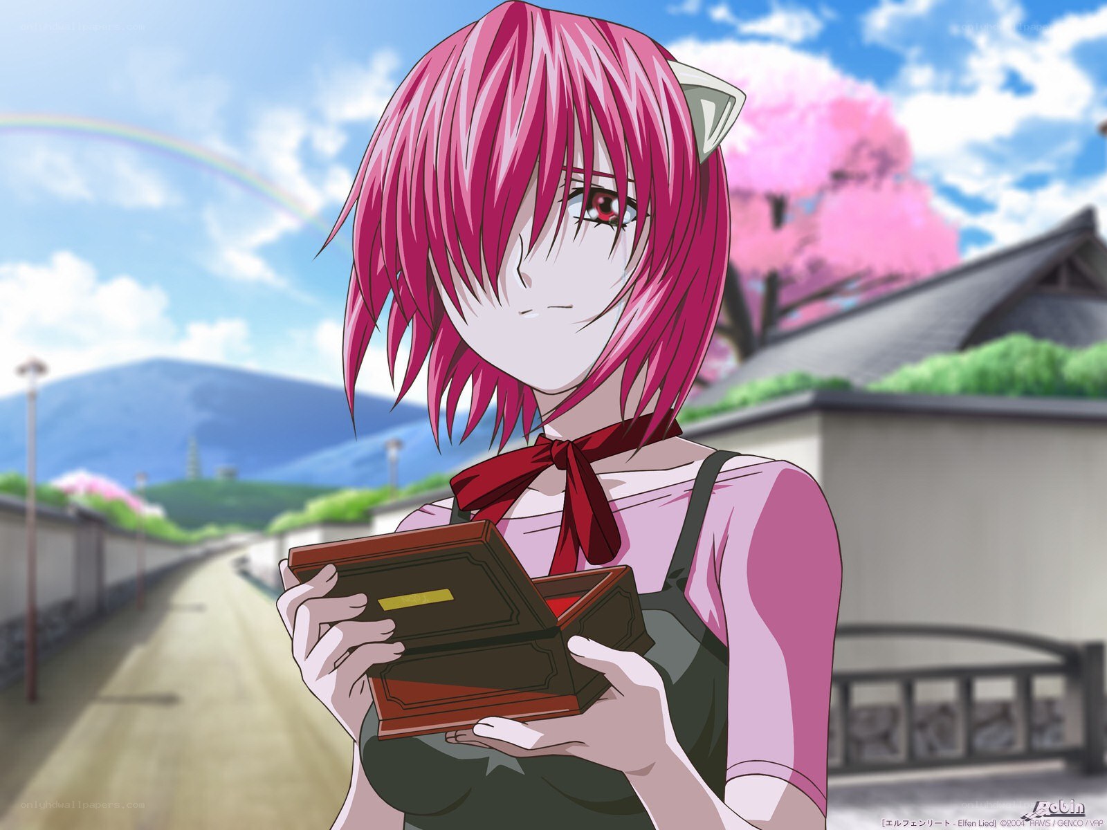 pink-haired girl with box