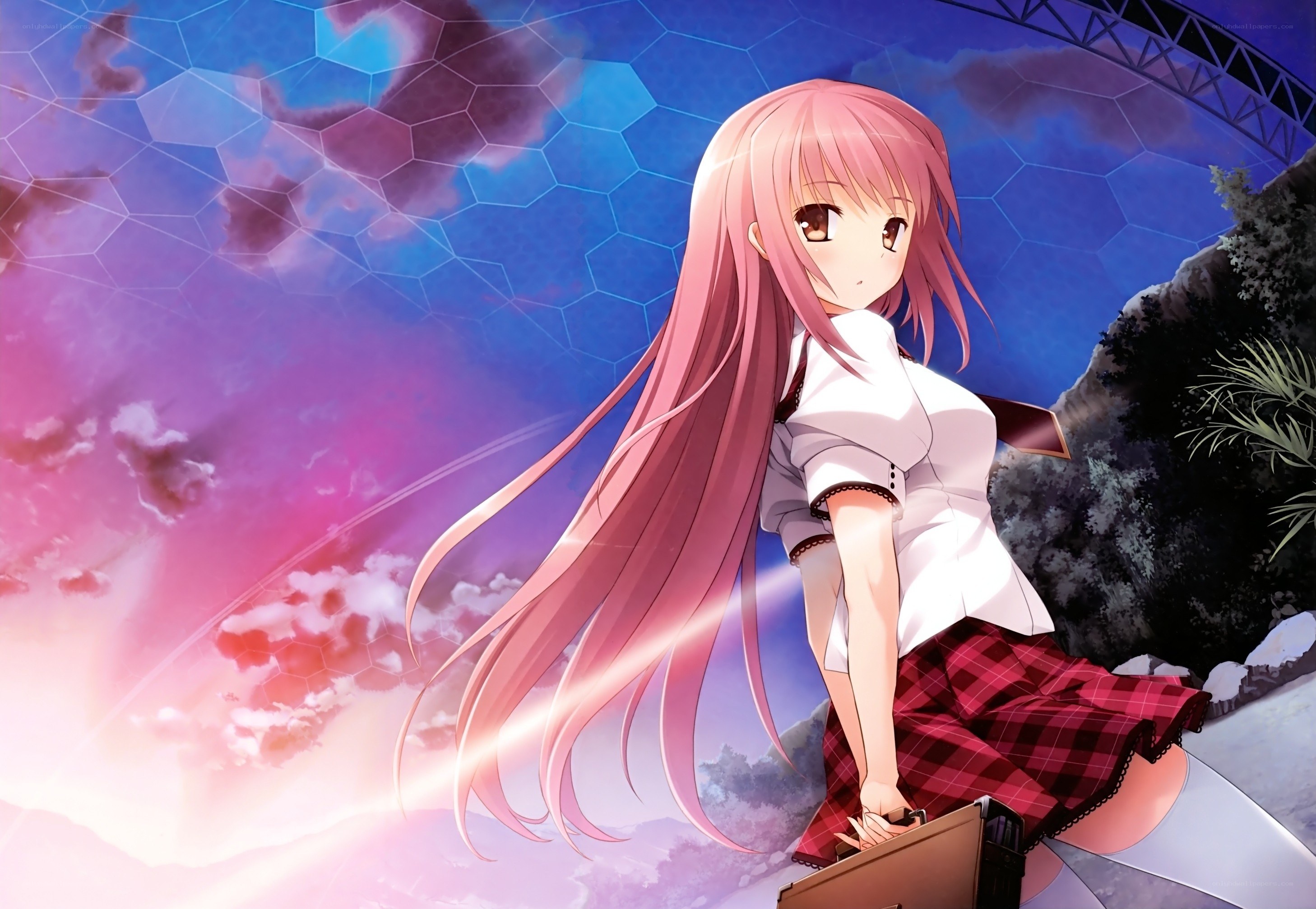 pink-haired girl with briefcase