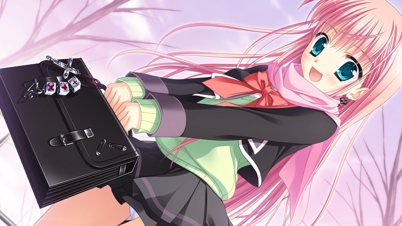 pink-haired girl with briefcase