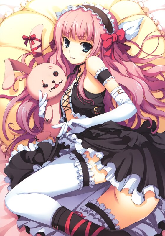 pink-haired girl with bunny plush