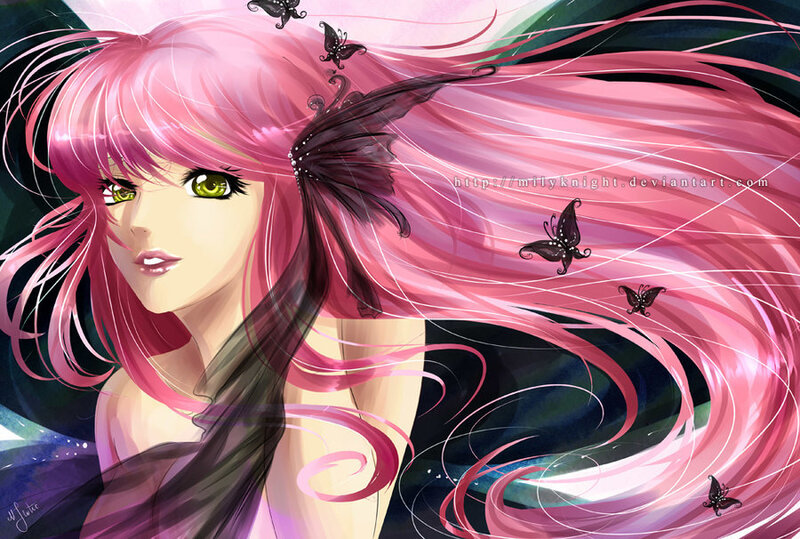 pink-haired girl with butterflies