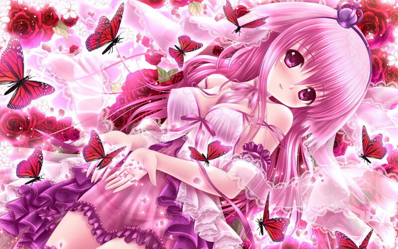 pink-haired girl with butterflies