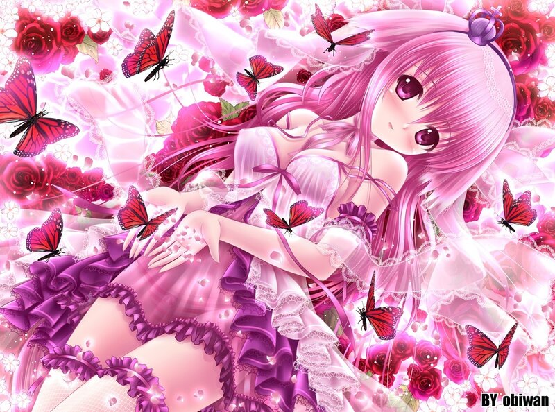 pink-haired girl with butterflies