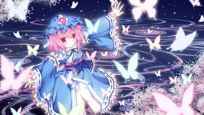 pink-haired girl with butterflies