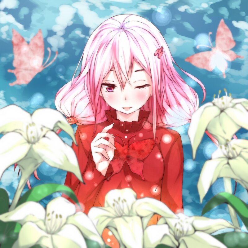 pink-haired girl with butterflies