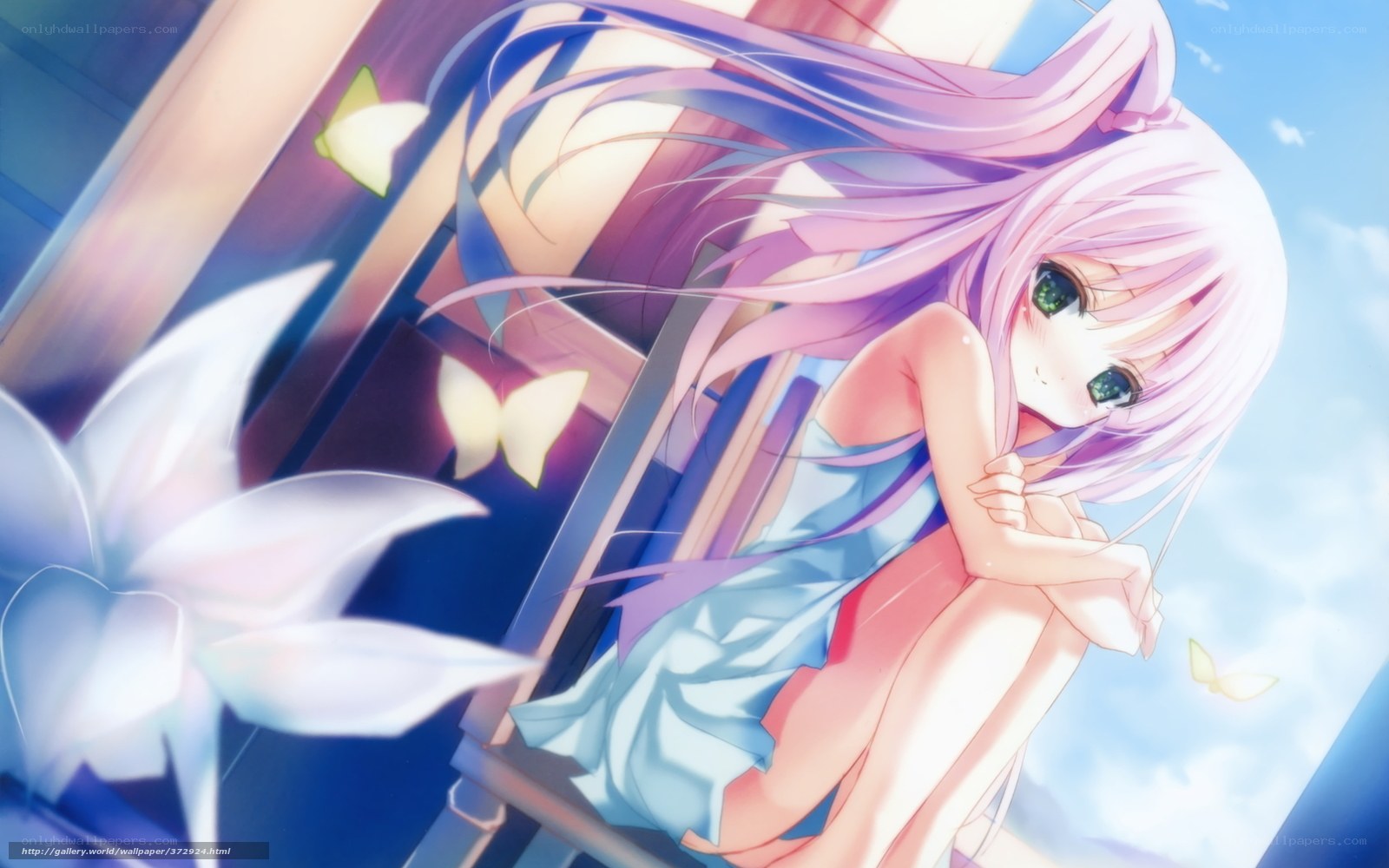 pink-haired girl with butterflies