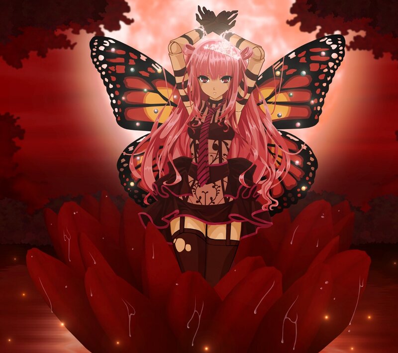 Pink-haired Girl with Butterfly Wings — Red, Dramatic