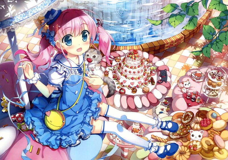 Pink-haired Girl with Cake — Blue, Cheerful