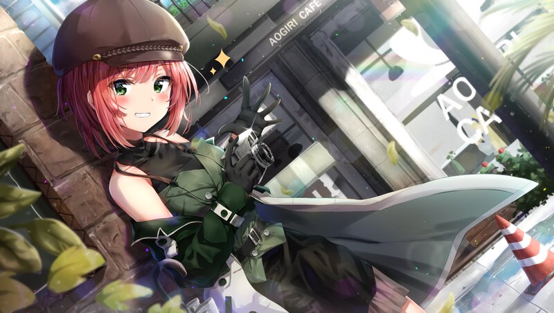 Pink-haired Girl with Camera — Green, Playful