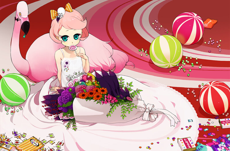 Pink-haired girl with candy and flowers