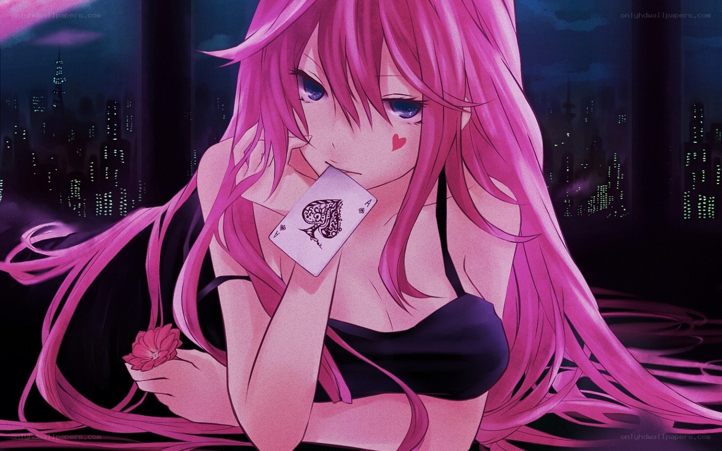 Pink-haired girl with card