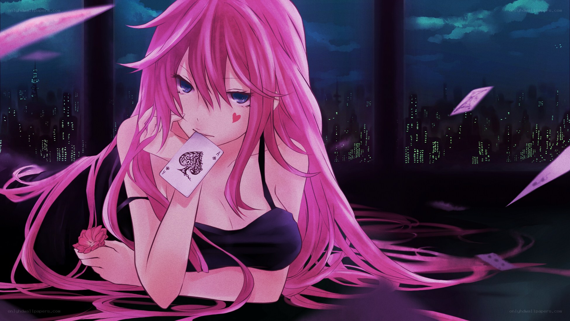 pink-haired girl with cards