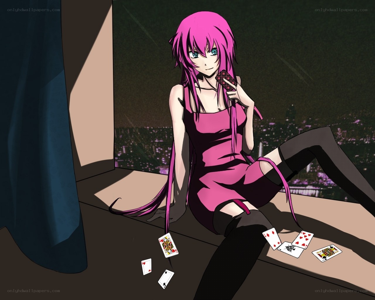 pink-haired girl with cards