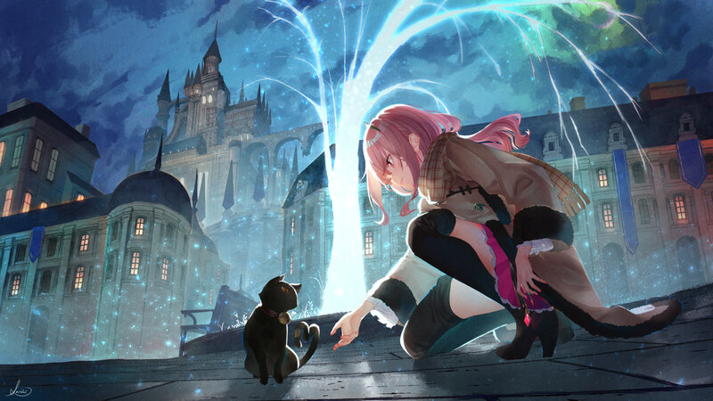Pink-haired Girl with Cat — Blue, Dramatic